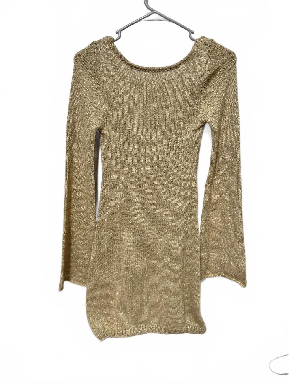 Windsor Gold Lurex Knit Open Back Bell Sleeve Mini Dress Size S